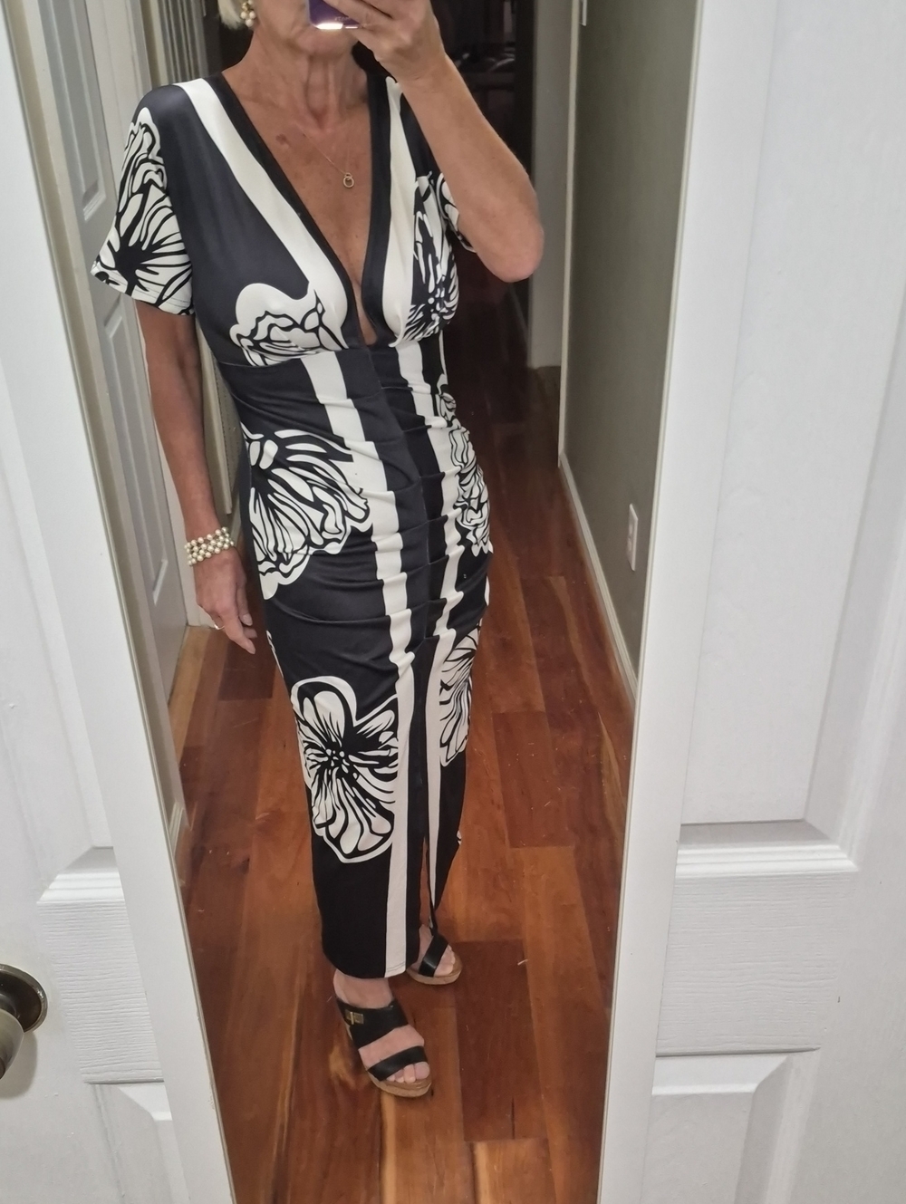 Black & White Floral Accordian Pleated Maxi